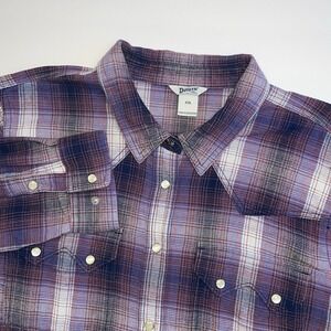 Duluth Trading Western Shirt Mens XXL Pearl Snap Sawtooth Purple Plaid Flannel
